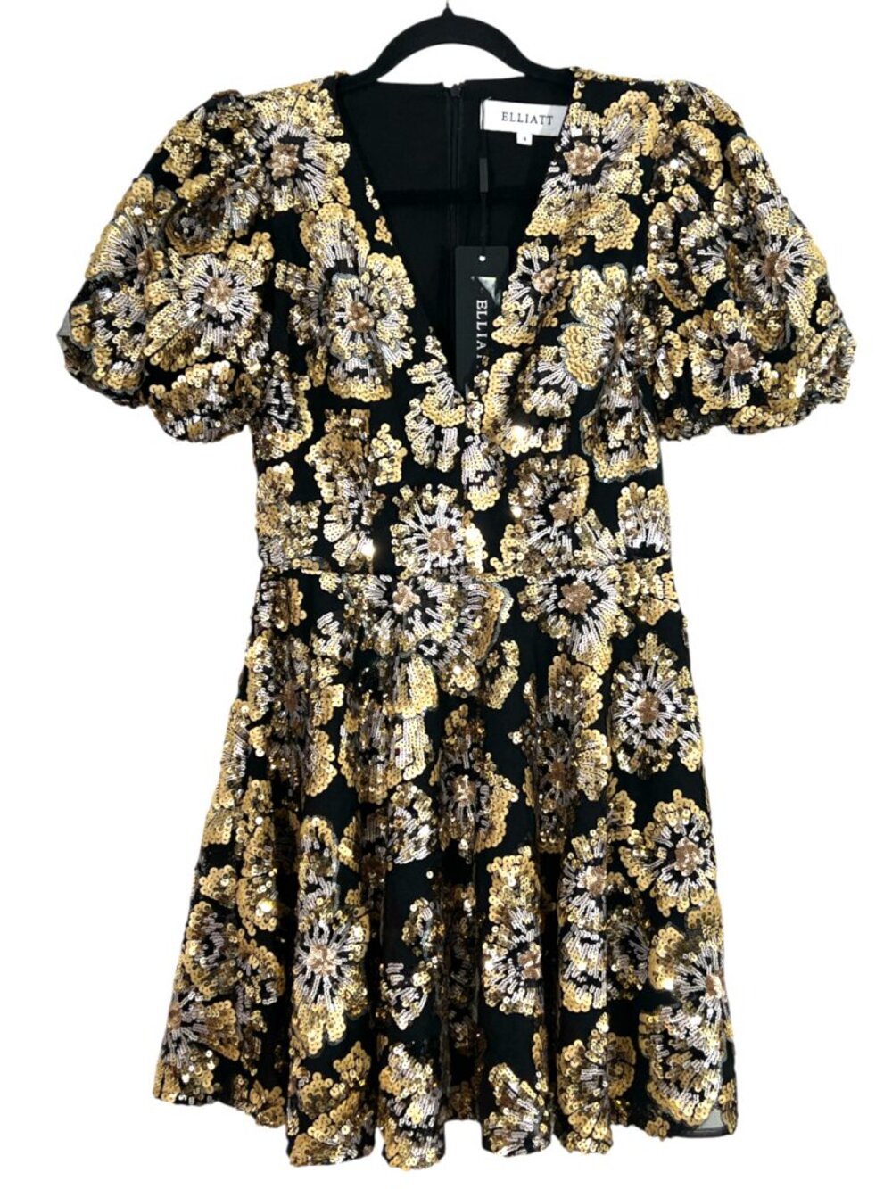 ELLIATT Celeste Sequin Mini Dress Black / Gold Small New $378